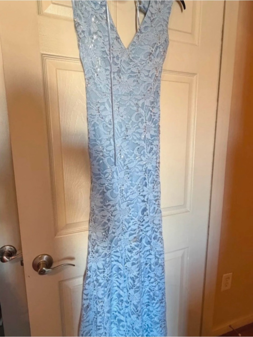 B Darlin Light Blue Lace Backless Evening Dress
